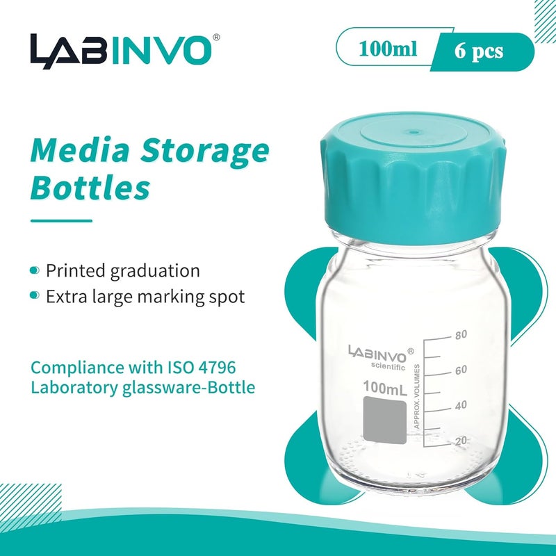 LINVO Glass Round Media Bottles, 4PCS of Vol.100ml Borosilicate Glass Reagent Storage Bottle with GL45 Screw Cap, IN-RB100A - Image 2